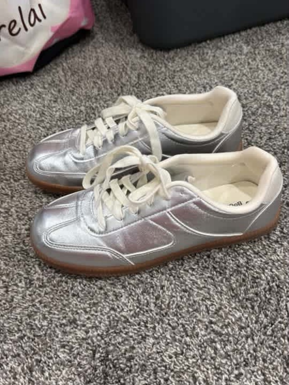 Silver Women's Lace-Up Sneakers with Gum Sole